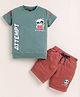 TINI JENNY Cotton Blend Knit Half Sleeves Attempt Text & Animal Printed Tee & Shorts Set - Olive Green