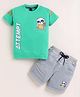 TINI JENNY Cotton Blend Knit Half Sleeves Attempt Text & Animal Printed Tee & Shorts Set - Green
