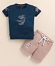 TINI JENNY Cotton Blend Knit Half Sleeves Typography Printed Tee & Shorts Set - Air Force Blue