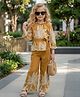 Cutiekins Woven Three Fourth Puffed Sleeves Leaves Printed Top & Pants Set - Mustard