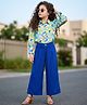 OLLINGTON ST. Cotton Blend Woven Full Sleeves Collared Top and Pant Set with Floral Print - Green & Blue