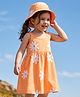 Babyhug Cotton Knit Sleeveless Frock and Cap with Daisies All Over Prints in Orange