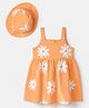 Babyhug Cotton Knit Sleeveless Frock and Cap with Daisies All Over Prints in Orange