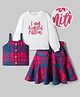 OLLINGTON ST. Cotton Mix Knit Full Sleeves Text Printed Top & Skirt Set With Sleeveless Jacket - White & Red