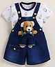 MUSHROO Denim Knit Teddy Bear Applique Detailed Dungaree With Half Sleeves Robots Printed Tee - Yellow