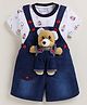 MUSHROO Denim Knit Teddy Bear Applique Detailed Dungaree With Half Sleeves Robots Printed Tee - Red