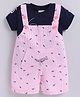 MUSHROO Textile Knit Dinosaur Applique Detailed Dungaree With Half Sleeves Teddy Bear Printed Tee - Pink