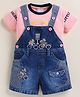 MUSHROO Denim Knit Bear Embroidered Dungaree With Half Sleeves Tee  - Pink