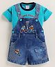 MUSHROO Denim Knit Bear Embroidered Dungaree With Half Sleeves Tee - Rama Green
