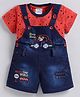 MUSHROO Denim Knit Teddy Bear In Car Embroidered Dungaree With Half Sleeves Tee - Red
