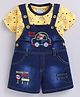 MUSHROO Denim Knit Half Sleeves Tee & Bear Embroidered Dungarees  - Yellow
