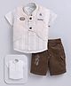 MUSHROO Textile Knit Half Sleeves Striped Shirt & Shorts  With Teddy Bear Embroidered Jacket - Beige