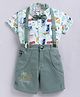MUSHROO Textile Knit Half Sleeves Typography Printed & Bow Applique Detailed Shirt & Shorts  With Suspender - Light Green