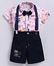 MUSHROO Textile Knit Half Sleeves Typography Printed & Bow Applique Detailed Shirt & Shorts  With Suspender - Pink