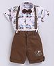 MUSHROO Textile Knit Half Sleeves Construction Vehicles Printed & Bow Applique Detailed Shirt & Shorts  With Suspender - Brown