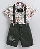 MUSHROO Textile Knit Half Sleeves Floral Printed & Bow Applique Detailed Shirt & Shorts  With Suspender - Green