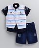 MUSHROO Textile Knit Half Sleeves Shirt & Shorts With Striped Jacket  - Sky