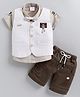 MUSHROO Textile Knit Half Sleeves Shirt & Shorts With Bear Patch Jacket  - Beige