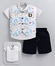 MUSHROO Textile Knit Half Sleeves Shirt & Shorts With Abstract Printed Jacket  - Sky