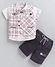 MUSHROO Textile Knit Half Sleeves Shirt & Shorts With Checked Jacket  - Khakhi