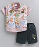 MUSHROO Textile Knit Half Sleeves Shirt & Shorts With Leaves Printed Jacket  - Peach