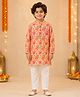 The Magic Wand Woven Full Sleeves Floral Printed Kurta &  Pyjama Set - Yellow & Pink