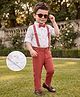 Mark & Mia Cotton Lycra Woven Full Sleeves Animal Printed Party Shirt & Trouser Set With Bow Detailing & Suspender - White & Maroon