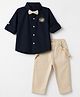 Mark & Mia Cotton Lycra Woven Full Sleeves Embroidered Shirt & Trouser Set With Bow & Suspender - Black & Cream