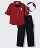 Mark & Mia Cotton Woven Full Sleeves Solid Shirt & Trouser Set With Bow , Bear Embroidery & Suspender - Maroon