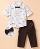 Mark & Mia Cotton Lycra Woven Full Sleeves Bear Printed Shirt & Pant Set With Bow & Suspender - White