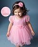 Babyhug Woven Solid Mesh and Sequins York Puff Half Sleeves Party Dress with Corsage and Headband - Pink