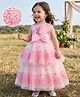 Babyhug Woven Solid Mesh with Embroidered Lace and Sequins York Sleeveless Party Gown with Corsage Bow - Pink