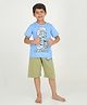 REBORN Cotton Knit Smurfs Featuring Half Sleeves Character Printed Tee & Shorts Set - Blue & Sage Green
