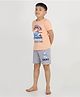 REBORN Cotton Knit Smurfs Featuring Half Sleeves Character Printed Tee & Shorts Set - Peach