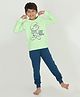 REBORN Cotton Knit Smurfs Featuring Full Sleeves Character & I Just Dont Care Text Printed Tee & Joggers Set - Pistachio & Navy Blue