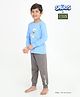 REBORN Cotton Knit Smurfs Featuring Full Sleeves Character Printed Tee & Pajamas Night Suit - Blue & Charcoal Grey