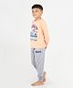 REBORN Cotton Knit Smurfs Featuring Full Sleeves Character Printed Tee & Jogger Night Suit - Peach & Grey