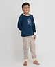 REBORN Cotton Knit Full Sleeves Leopard Printed Tee & Pants Night Suit - Navy Blue & Butter Cream