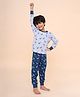 REBORN Cotton Knit Full Sleeves Reindeer Printed Tee & Joggers Night Suit - Grey Melange & Navy Blue