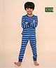 REBORN Cotton Knit Full Sleeves Coordinating Striped Tee & Pajamas Night Suit - Navy Blue