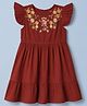 Pine Kids Woven Dress with Half Sleeves, Flutter Sleeves and Floral Embroidery in Red for 4-5 Years
