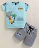 TINI JENNY Cotton Blend Knit Half Sleeves Tropical Theme Printed Tee & Shorts Set - Sky Blue