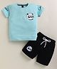TINI JENNY Cotton Blend Knit Half Sleeves Panda Face Printed Tee & Shorts Set - Sky Blue