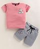 TINI JENNY Cotton Blend Knit Half Sleeves Teddy Bear Printed Tee & Shorts Set - Peach