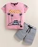 TINI JENNY Cotton Blend Knit Half Sleeves Beach Theme Printed Tee & Shorts Set - Peach