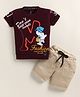 TINI JENNY Cotton Blend Knit Half Sleeves Baseball Player Printed Tee & Shorts Set - Wine