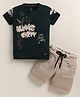 TINI JENNY Cotton Blend Knit Half Sleeves Graffiti Style Typography Printed Tee & Shorts Set - Bottle Green
