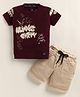 TINI JENNY Cotton Blend Knit Half Sleeves Graffiti Style Typography Printed Tee & Shorts Set - Wine