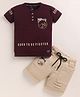 TINI JENNY Cotton Blend Knit Half Sleeves Born To Be Fighter Text Printed Tee & Shorts Set - Wine