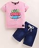 TINI JENNY Cotton Blend Knit Half Sleeves Good Vibes Only Text Printed Tee & Mild Washed Shorts Set - Peach